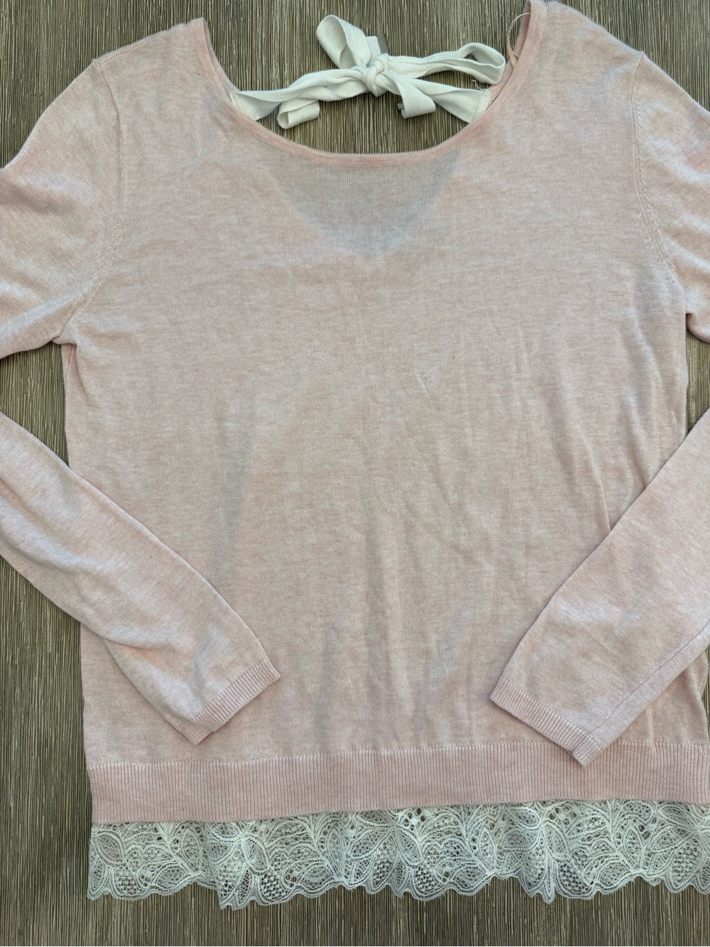 Dex Pale Pink Knit Long Sleeve Top with Lace trim and Cream Tie Detail
